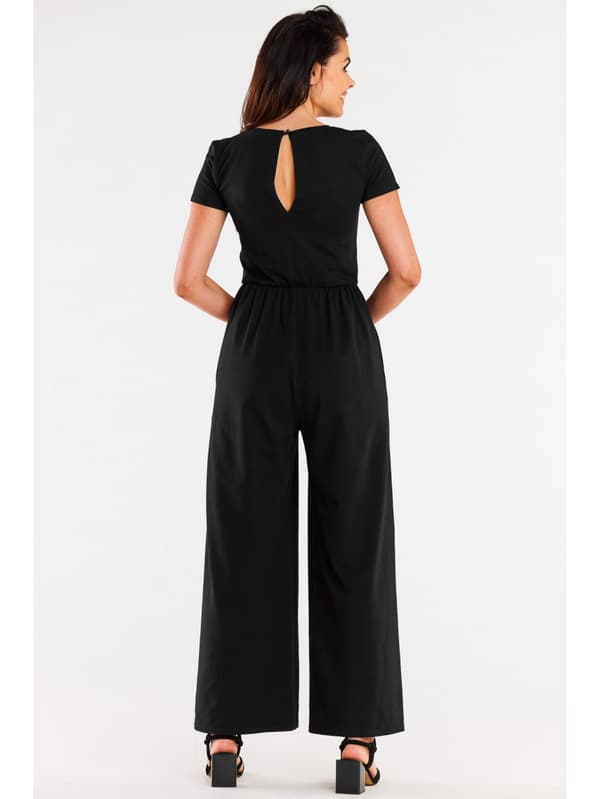 Jumpsuit med vide ben og V-hals i bomuld, sort M