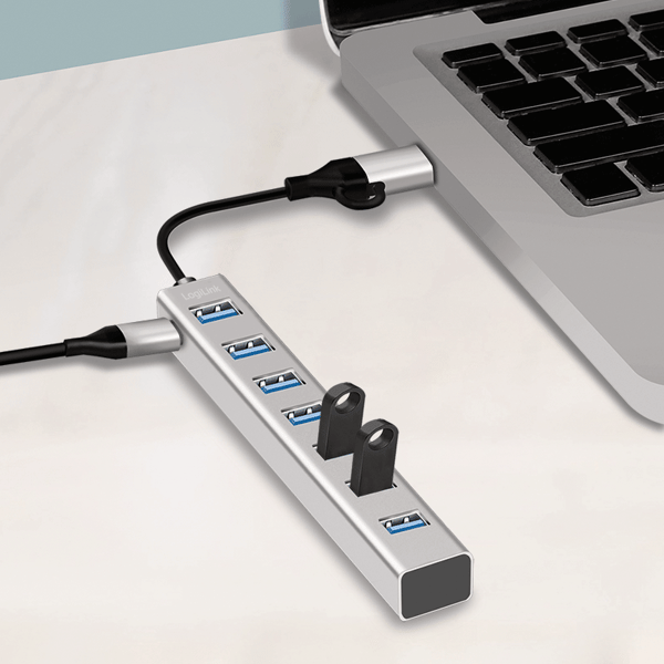 LogiLink USB 3.0 Hub 7 Portar USB-A 2-i-1 Kabel USB-A/USB-C 5 Gbps Silver