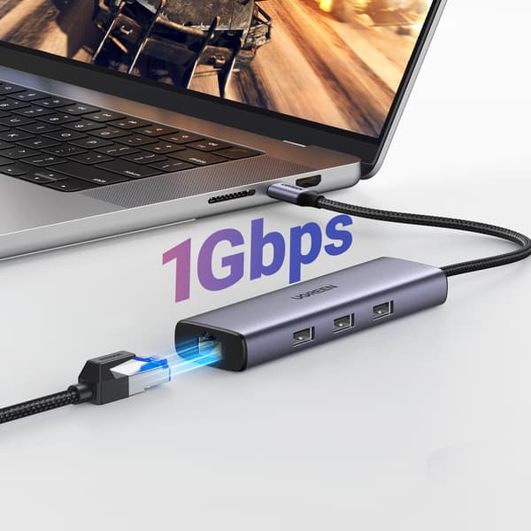 6in1 HUB-sovitin USB-C - 3x USB-A 3.0 / HDMI / RJ45 / USB-C PD - harmaa