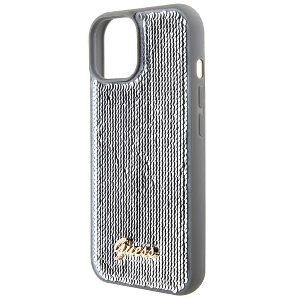 Guess Sequin Script Metal-skal till iPhone 15, silver/silver