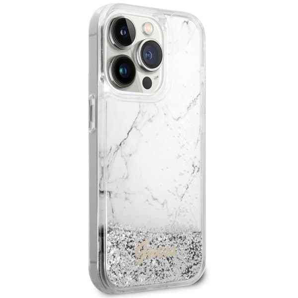 Guess Liquid Glitter Marble Cover til iPhone 14 Pro, Hvid
