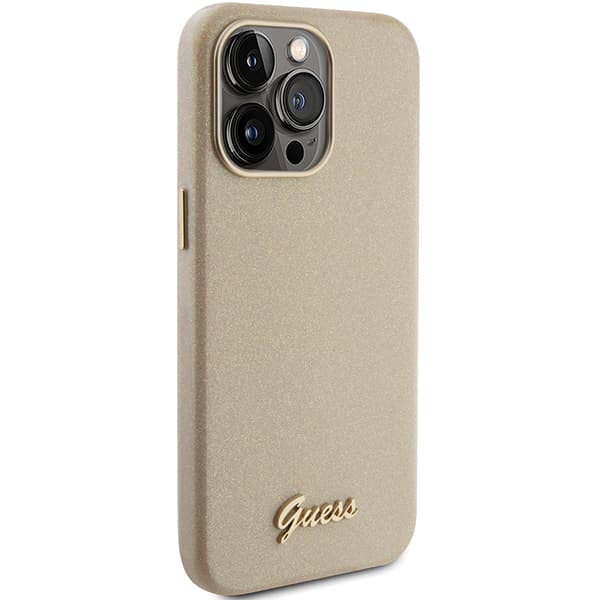 Guess Glitter Glossy Script-skal till iPhone 15 Pro, guld/ljusguld