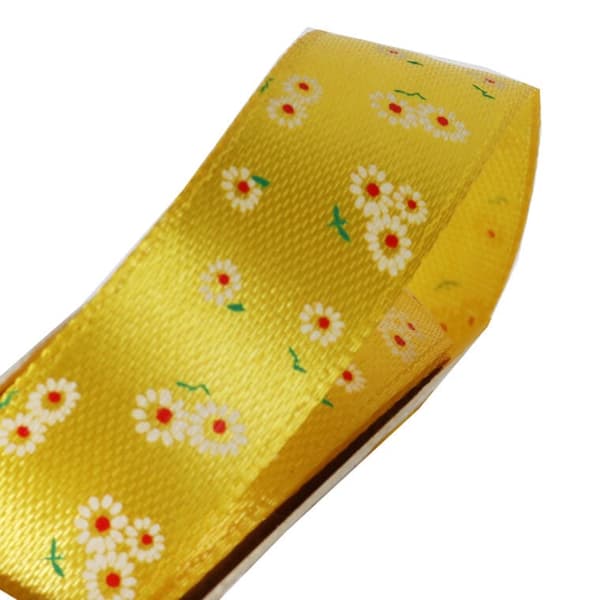 Gult forårsbånd med blomster 2,5 cm til påskepynt og gaver, 3 m