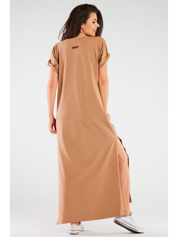 Oversized kimono maxikjole i bomuldsstrik, beige S/M