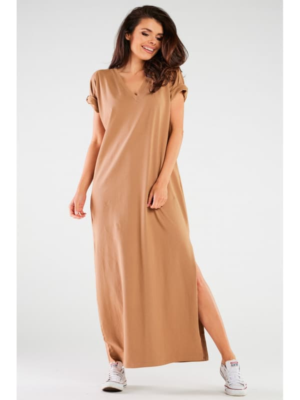Oversized kimono maxikjole i bomuldsstrik, beige S/M