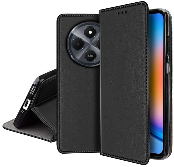 Flip-etui til Xiaomi Redmi 14C SMART MAGNETIC BOOK sort + GLAS