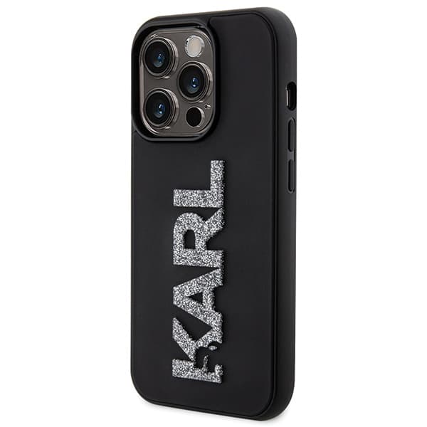 Karl Lagerfeld 3D Gummi Glitter Logo Etui til iPhone 15 Pro Max Sort
