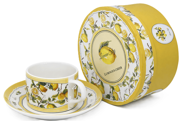 180 ml citronfärgad porslinskopp med fat, perfekt som present