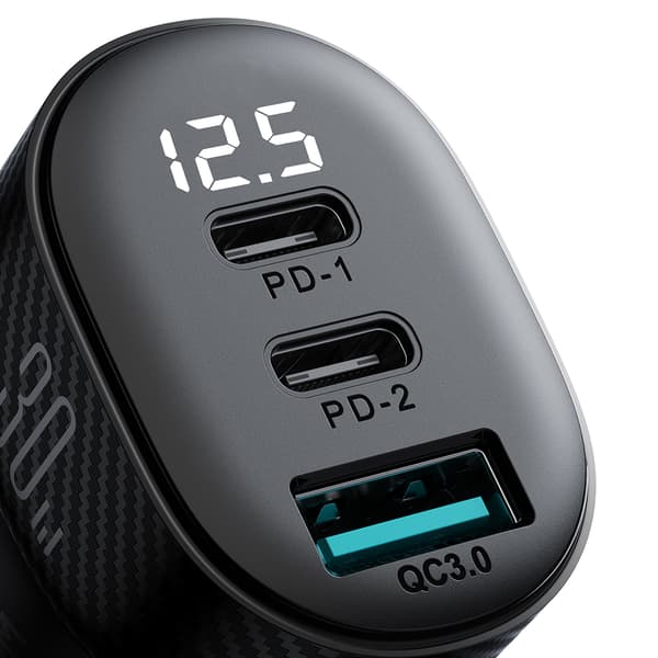 Billaddare med display 2x USB-C USB-A 30W svart