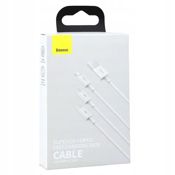 Baseus 3-i-1 Superior USB-Lightning + USB-C + microUSB-kabel 1,5 m 3,5A Vit