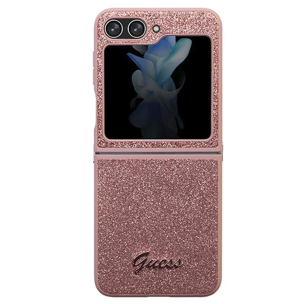 Guess Glitter Script-skal till Galaxy Z Flip5, rosa