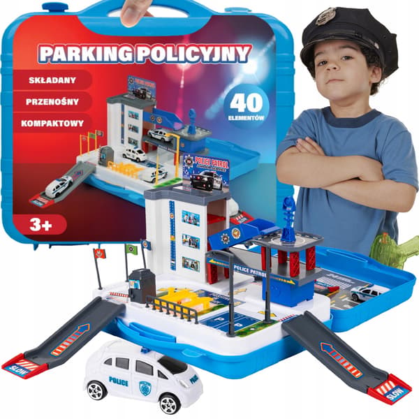 Polisparkering, resväska, garage, polisbil med 40 element