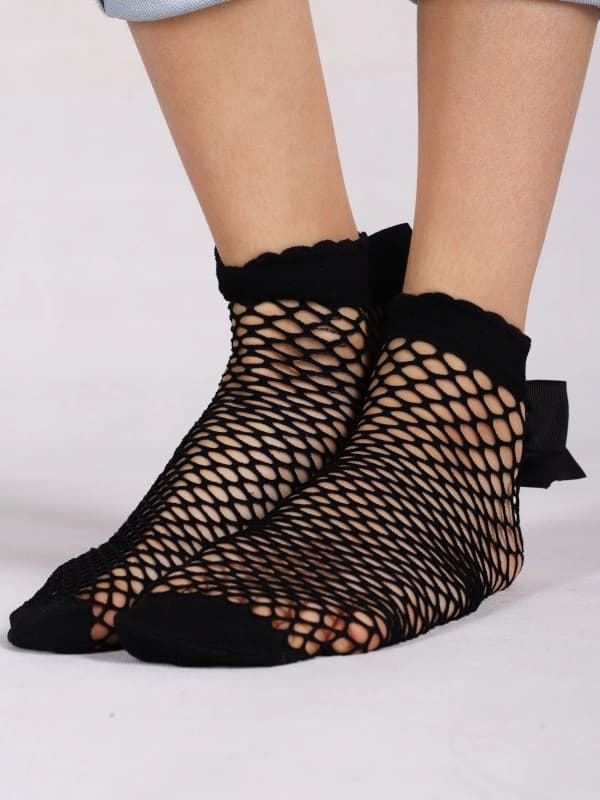 YO! FISHNET STRØMPER MED SLØYFE elegant SORT 31/34 £010G