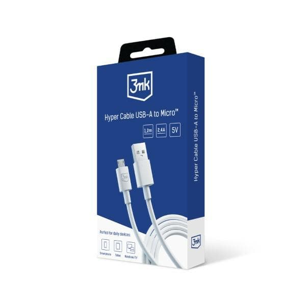 3MK Hyper USB-A - Micro USB -kaapeli, 1,2 m, 5 V, 2,4 A, valkoinen