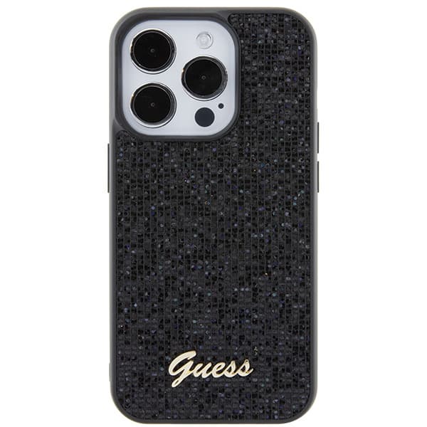 Guess Disco Metal Script -suojakuori iPhone 15 Prolle, musta