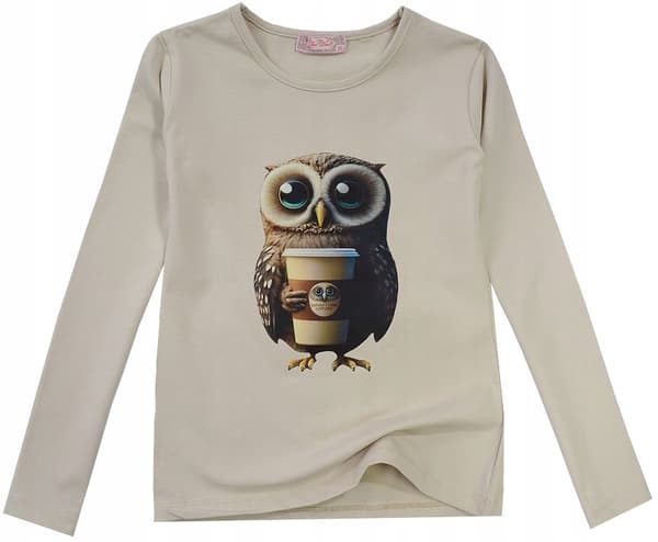 Pige bluse bomuld langærmet ugle beige 122