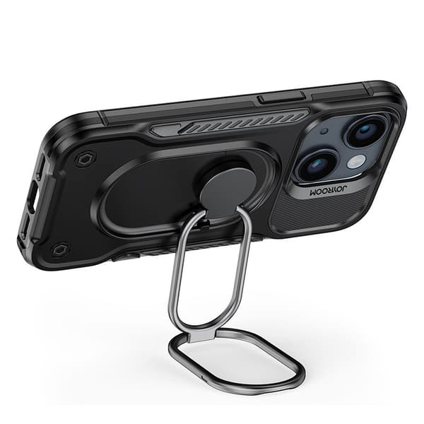 Etui til iPhone 14 Plus, pansret cover med stativ og ringholder, sort