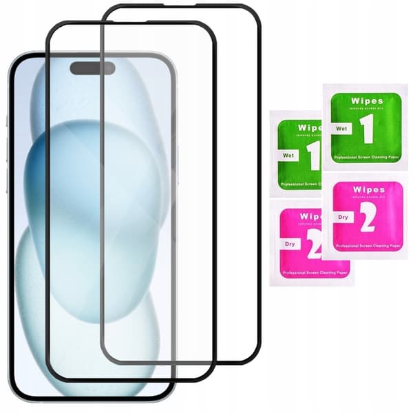 2x Härdat glas för Apple iPhone 15 Plus med helskärmstäckning, 5D-glas