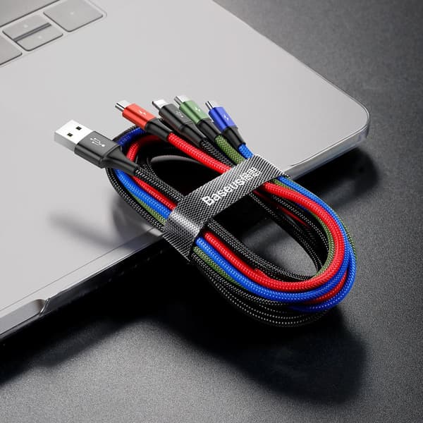 4-i-1 USB-kabel iPhone Lightning 2 x USB-C microUSB Nylonflettet 3,5A 1,2m Sort