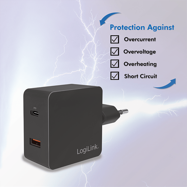 LogiLink USB-reseadapter 1xUSB-C PD + 1xUSB-A QC 18W snabbladdning