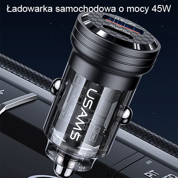 USAMS C35 USB+USB-C 45W hurtigoplader til bil, sort