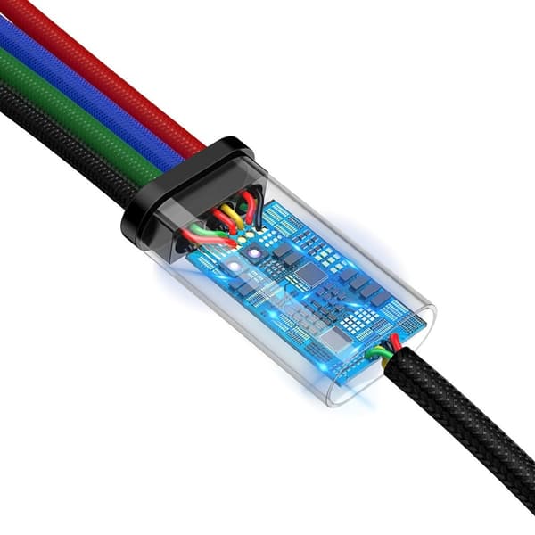 4-i-1 USB-kabel iPhone Lightning 2 x USB-C microUSB Nylonflettet 3,5A 1,2m Sort