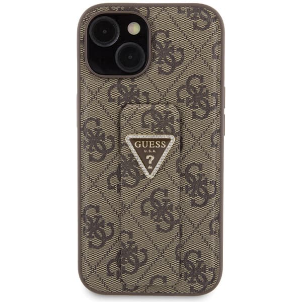 Guess Grip Stand 4G Triangle Strass-cover til iPhone 15, brun