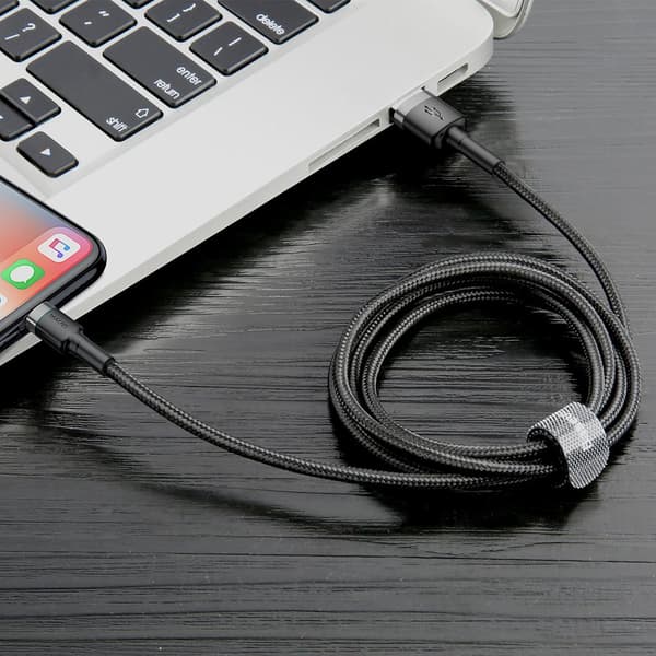 Holdbart, fleksibelt kabel USB iPhone Lightning-kabel QC3.0 2.4A 0.5M Sort og grå