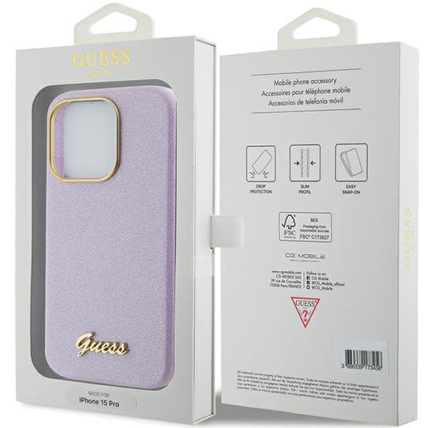 Guess Glitter Glossy Script cover til iPhone 15 Pro, lilla/lilla
