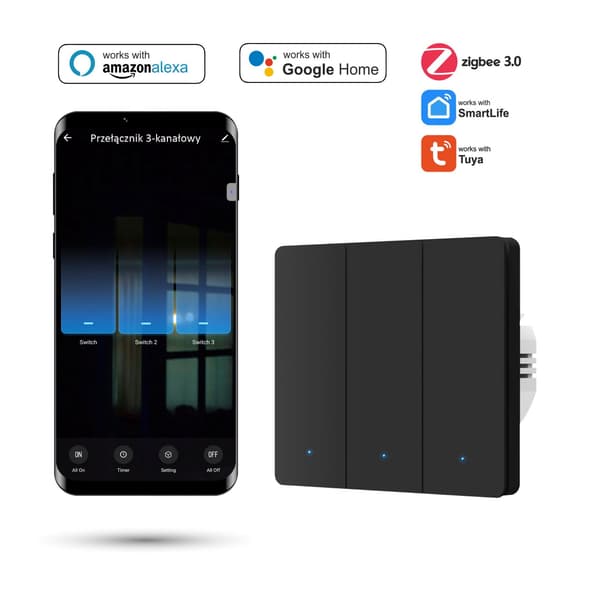 Tuya 3-kanals Zigbee vægkontakt sort