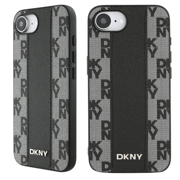 DKNY MagSafe-etui i læder med ternet monogrammønster til iPhone 16e, sort