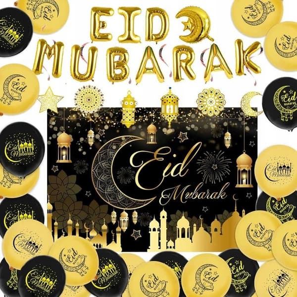 Ramadan Eid Mubarak -koristeet roikkuvat ilmapallot, kulta, musta