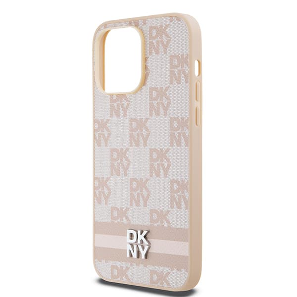 DKNY Læderetui med Ternet Monomønster og Trykte Striber til iPhone 14 Pro Max, Pink