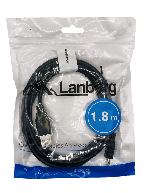 1,8 m mini-USB (uros) - USB-A (uros 2.0) -kaapeli, musta, Lanberg miniUSB