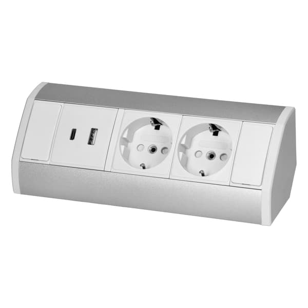 Dobbelt Schuko-stikkontakt til underskab, 2xUSB A+C 2.4A, hvid-sølv