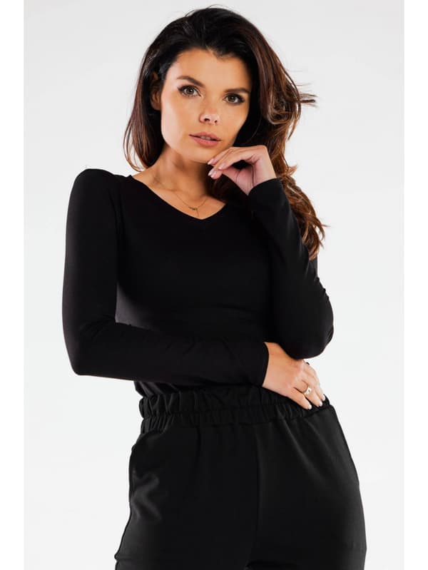 Basis bomuldsbluse med V-hals, sort XL