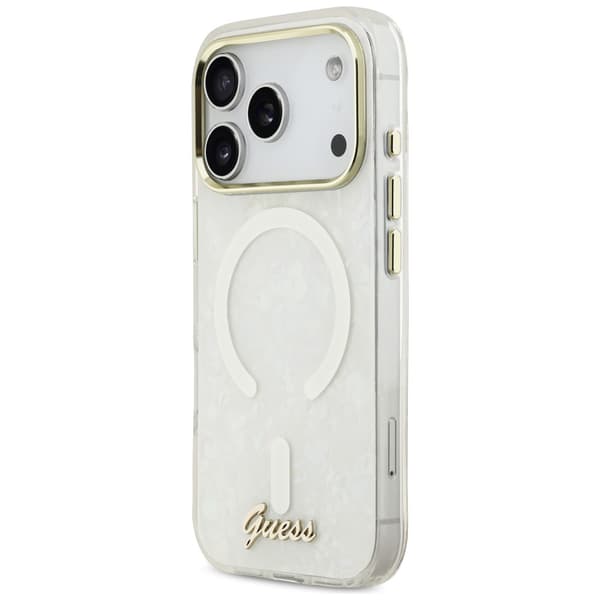 Guess IML Shell Script Metal MagSafe-cover til iPhone 17 Pro Max, hvidt