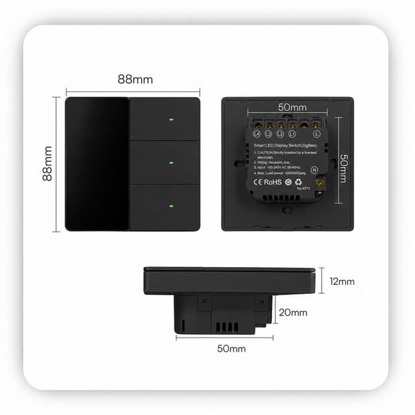 Sort Zigbee Tuya tredobbelt vægafbryder med display