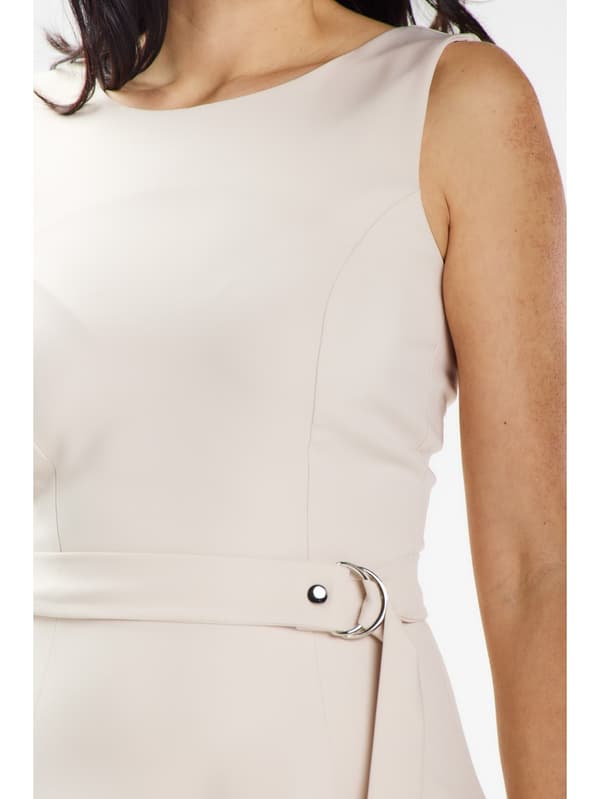 Elegant midikjole med stropper og bælte, beige M