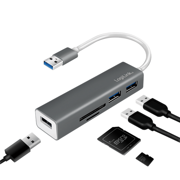 LogiLink USB 3.0 Hub: 3 porte, MicroSD/SD-kortlæser, hurtig overførsel