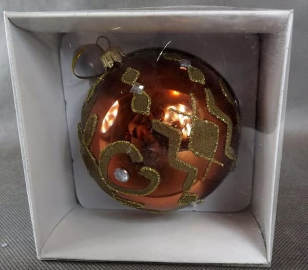 Glaskula 9cm - Ingefärafärgad med brun-guld dekoration och glas