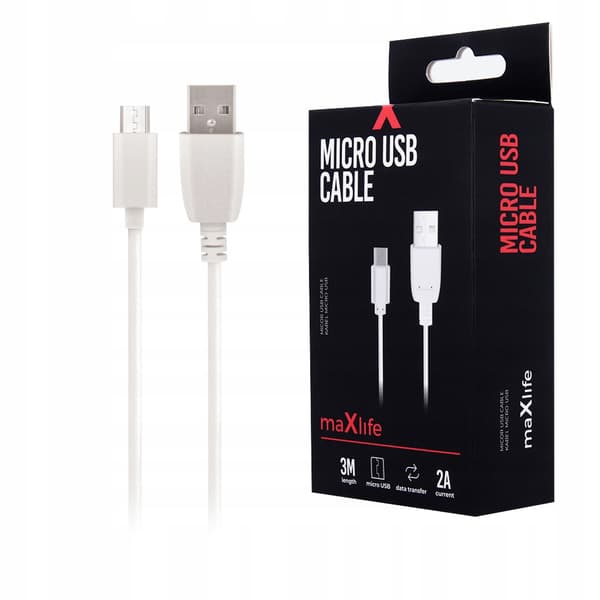 Maxlife USB - microUSB-kaapeli 3,0 m 2A valkoinen