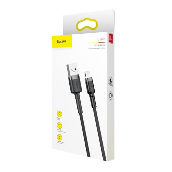 Holdbart flettet kabel til iPhone USB - Lightning QC3.0 2.4A 1m sort og grå