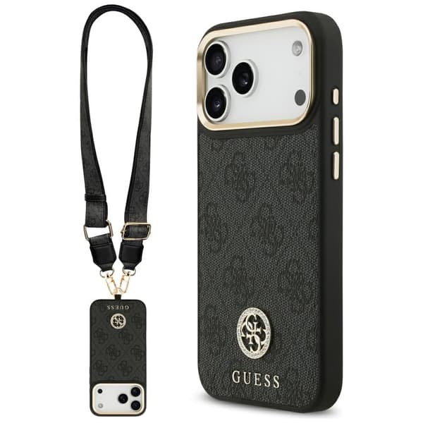 Guess 4G Strass Logo & Stor StroppeMetalknapper MagSafe-etui til iPhone 17 Pro Max, sort