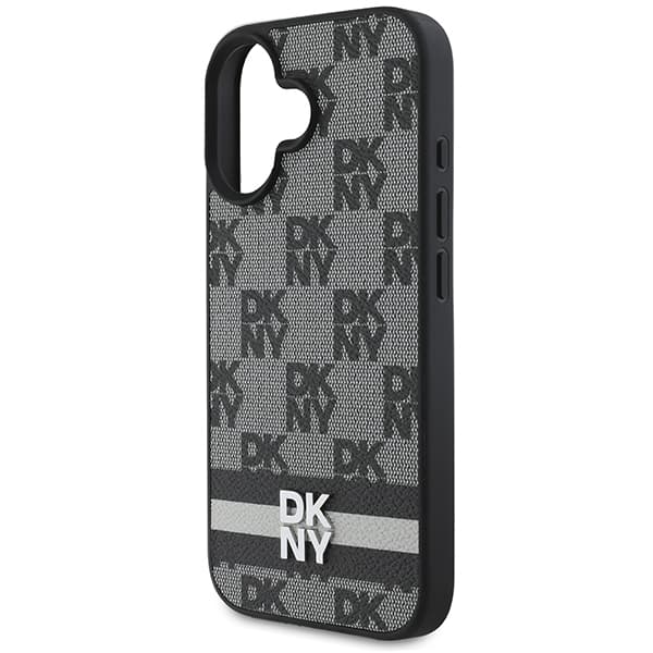 DKNY cover med ternet mønster og trykte striber til iPhone 16, sort