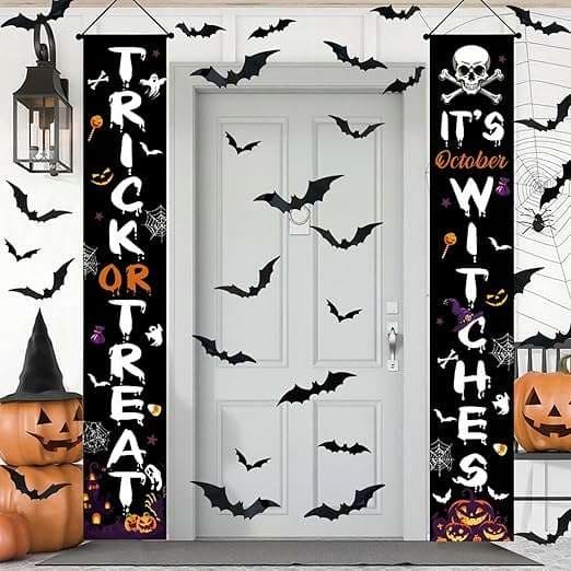 Halloween dörrväggbanderoll + 60 fladdermöss set om 2