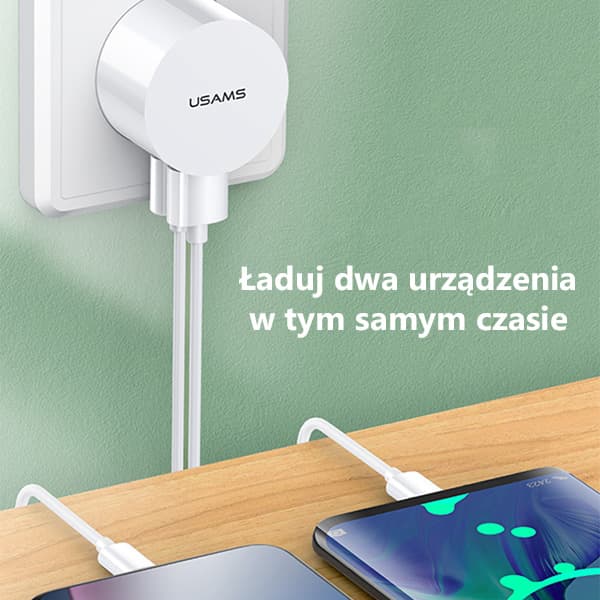 USAMS 2xUSB T20 2.1A USB-C Väggladdare Vit