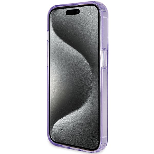 Guess Ring Stand Script Glitter MagSafe -kotelo iPhone 15 Prolle, violetti/violetti