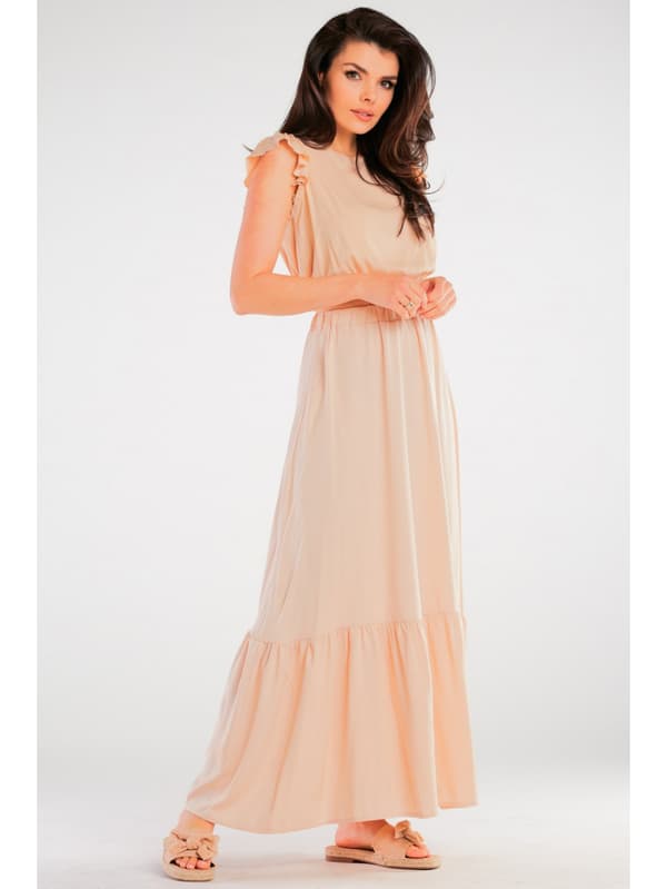 Sommar, luftig viskosmaxikjol, beige L/XL