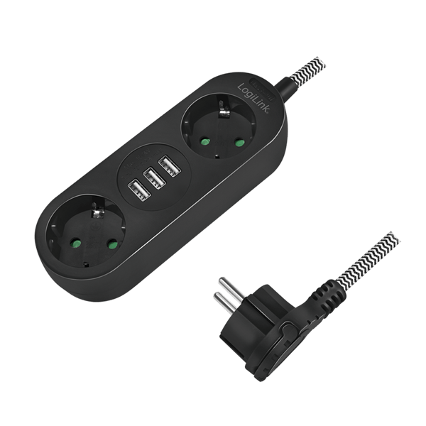 2-vejs strømskinne, 2x CEE 7/3 + 3x USB-A, tekstilkabel, sort